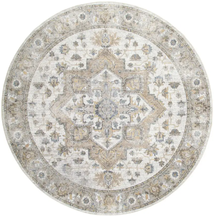 5' Beige And Gray Floral Medallion Washable Round Rug Photo 2