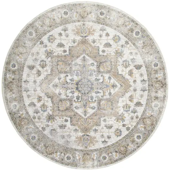 5' Beige And Gray Floral Medallion Washable Round Rug Photo 2