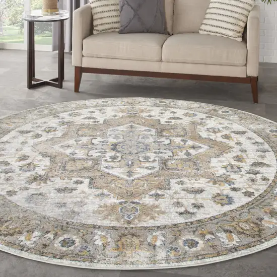 5' Beige And Gray Floral Medallion Washable Round Rug Photo 5