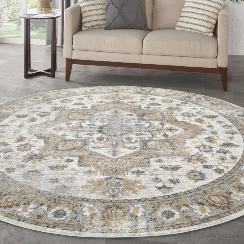 5' Beige And Gray Floral Medallion Washable Round Rug Photo 5