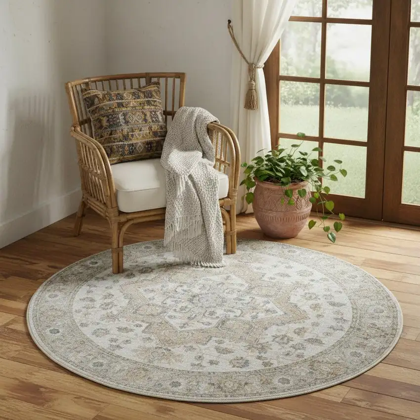 5' Beige And Gray Floral Medallion Washable Round Rug Photo 1