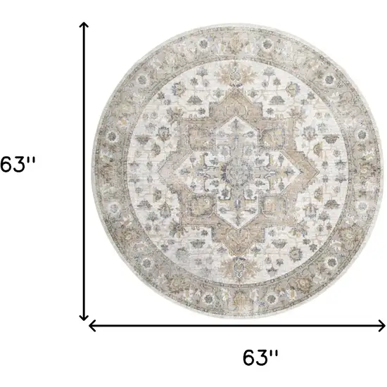 5' Beige And Gray Floral Medallion Washable Round Rug Photo 3