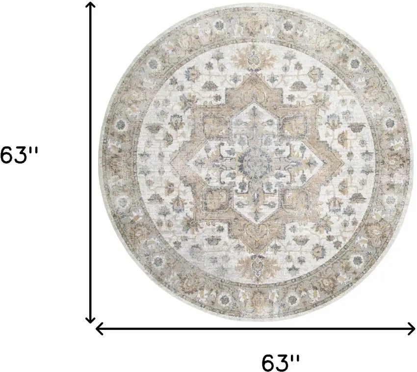 5' Beige And Gray Floral Medallion Washable Round Rug Photo 3