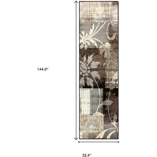 12' Beige And Gray Floral Power Loom Distressed Runner Rug Photo 7
