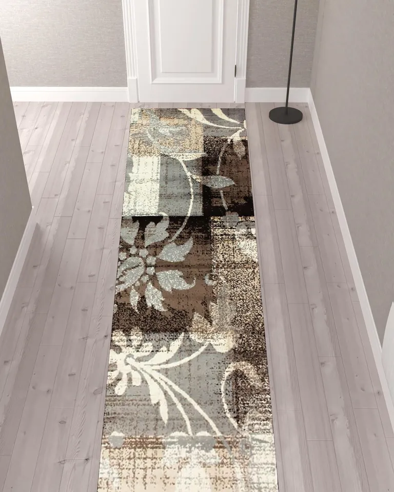 12' Beige And Gray Floral Power Loom Distressed Runner Rug Photo 2
