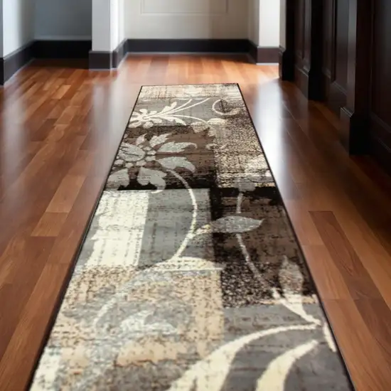 12' Beige Brown And Gray Floral Distressed Runner Rug Photo 1