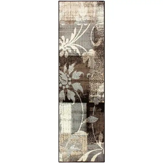 12' Beige And Gray Floral Power Loom Distressed Runner Rug Photo 1