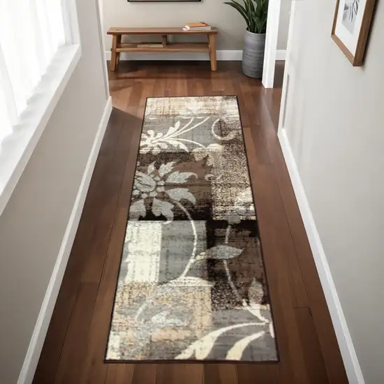 8' Beige Brown And Gray Floral Distressed Runner Rug Photo 1