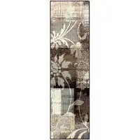 Photo of 8' Beige And Gray Floral Power Loom Distressed Stain Resistant Runner Rug