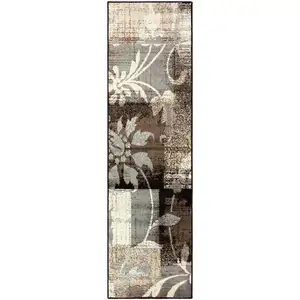 Photo of 8' Beige And Gray Floral Power Loom Distressed Stain Resistant Runner Rug