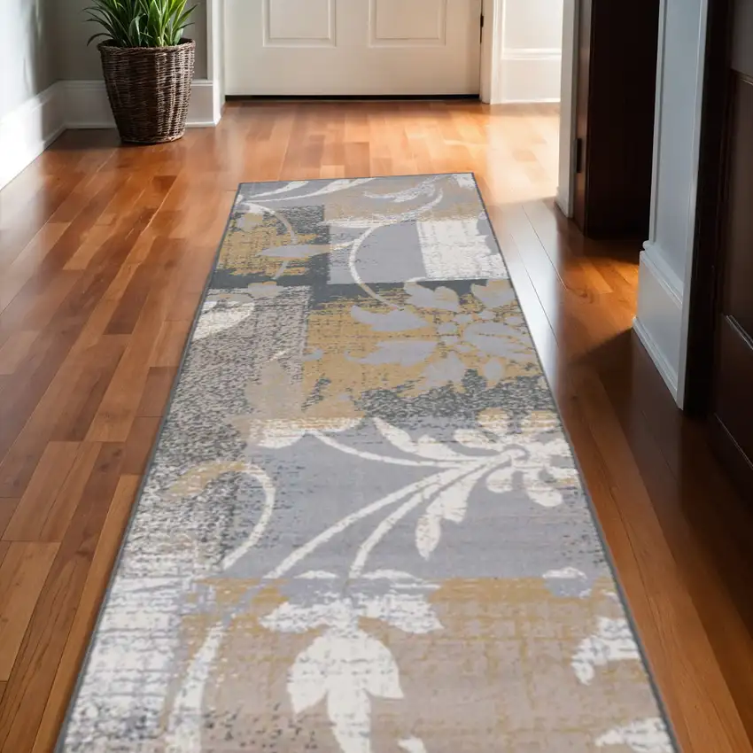 10' Beige And Black Floral Distressed Runner Rug Photo 1