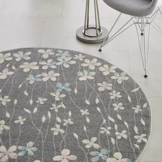 5' Beige And Gray Floral Round Rug Photo 6