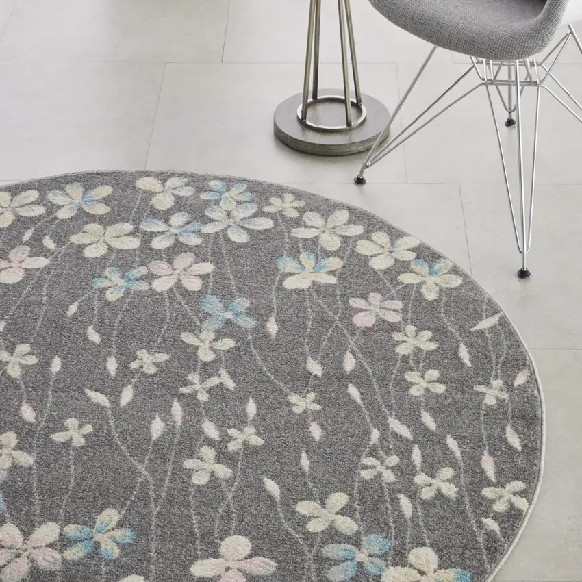 5' Beige And Gray Floral Round Rug Photo 6
