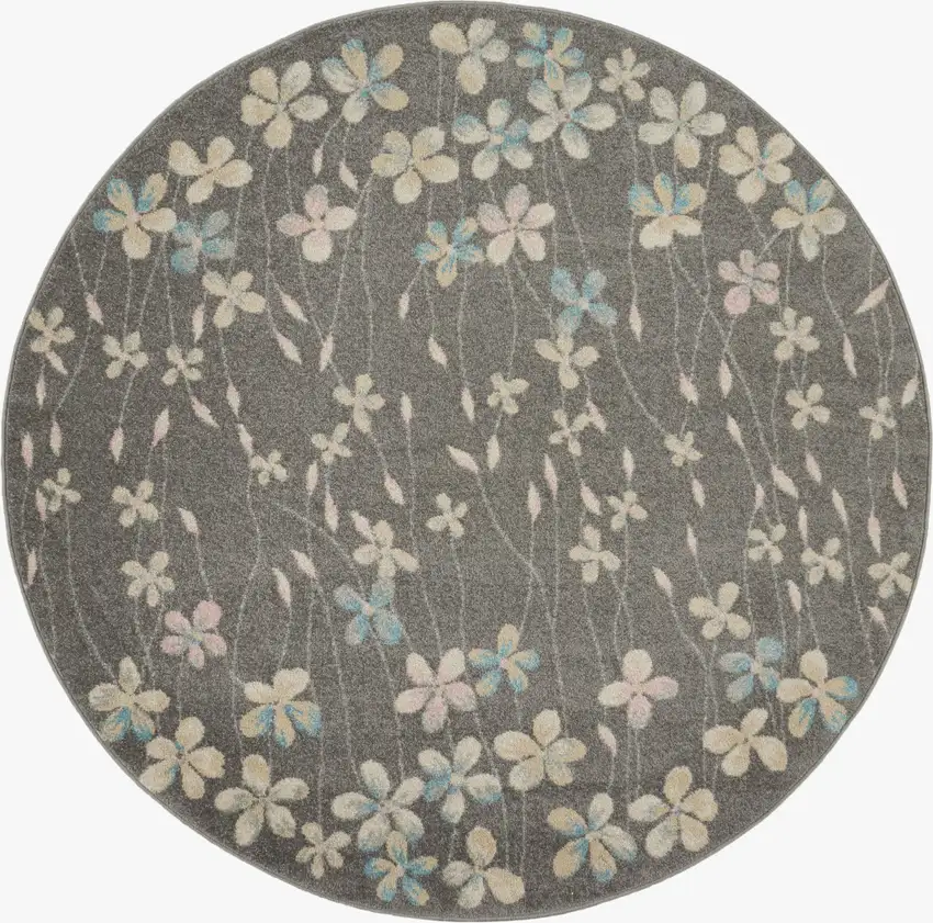 5' Beige And Gray Floral Round Rug Photo 2