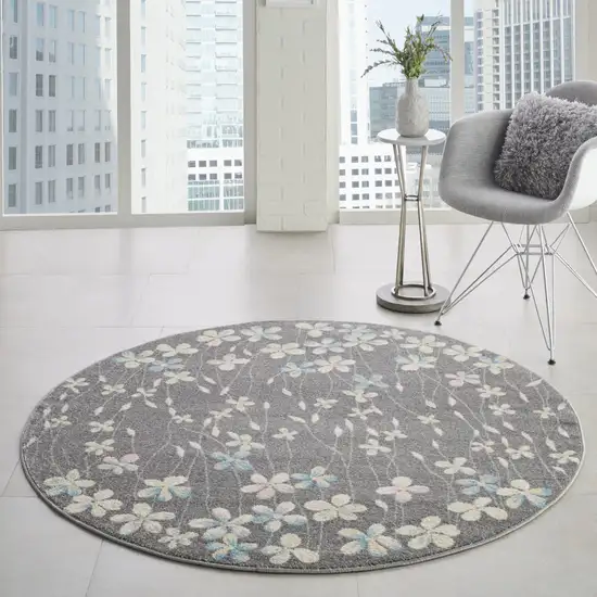 5' Beige And Gray Floral Round Rug Photo 5