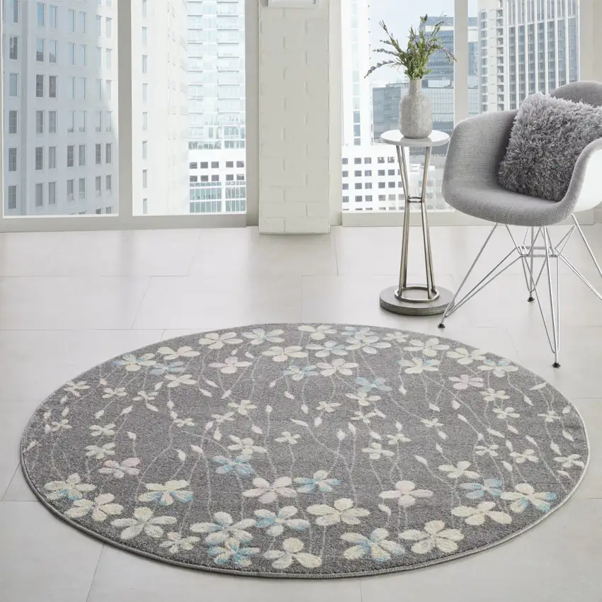 5' Beige And Gray Floral Round Rug Photo 5