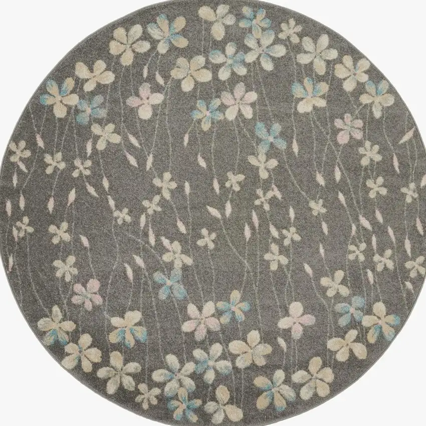 5' Beige And Gray Floral Round Rug Photo 4