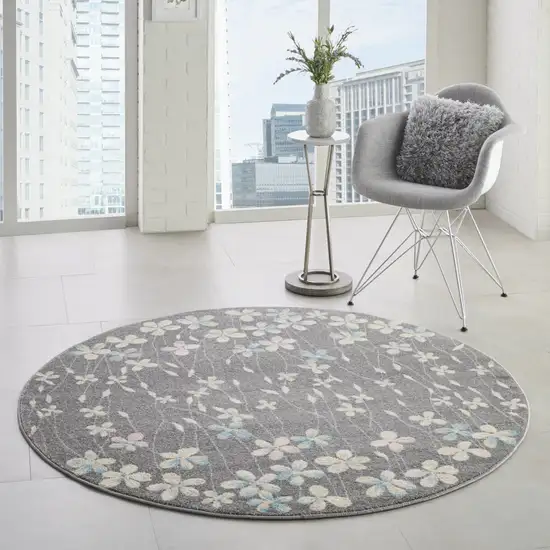 5' Beige And Gray Floral Round Rug Photo 7