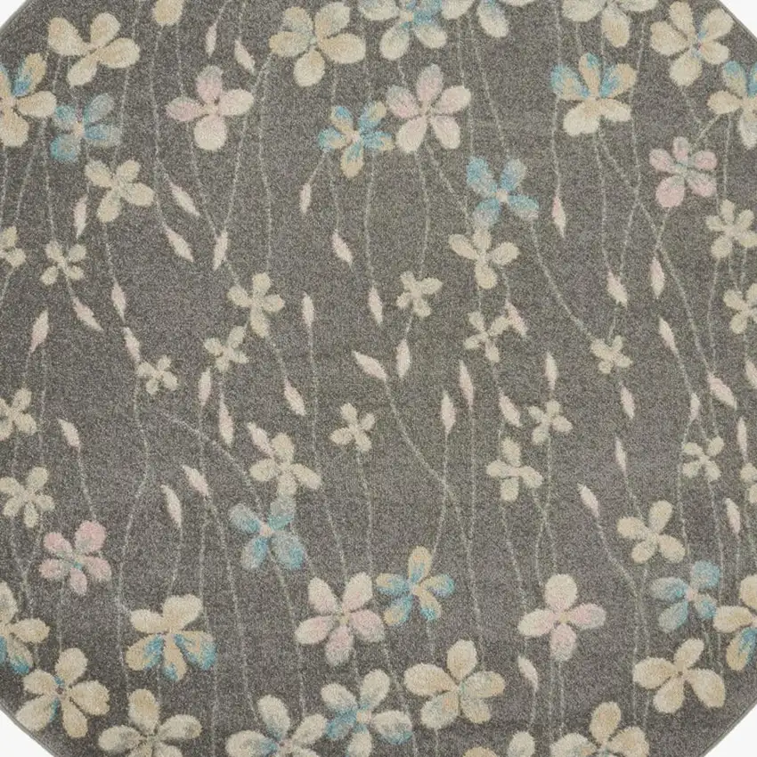 5' Beige And Gray Floral Round Rug Photo 2