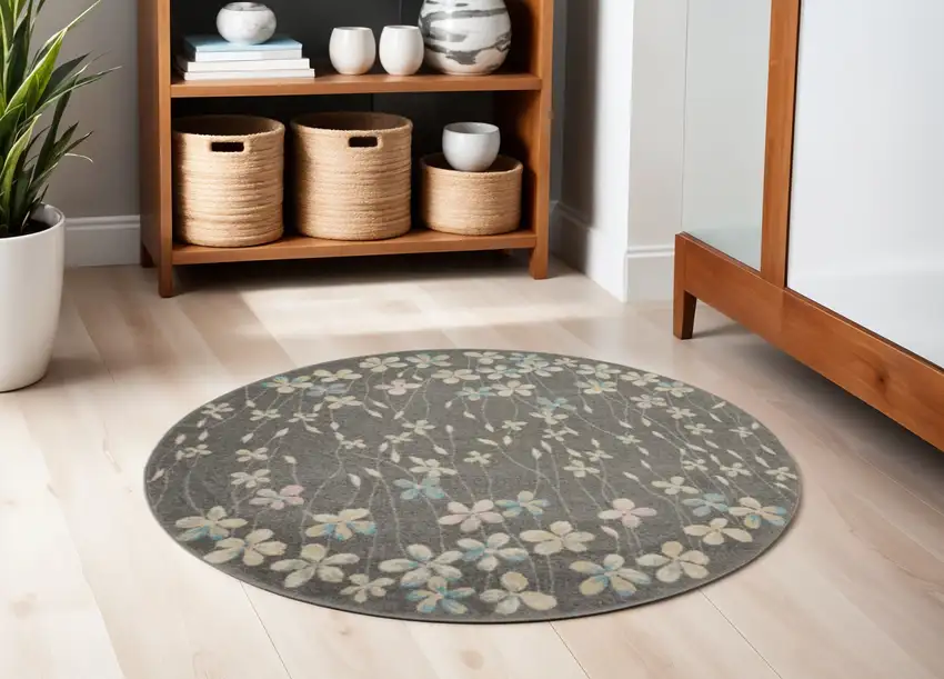 5' Beige And Gray Floral Round Rug Photo 1