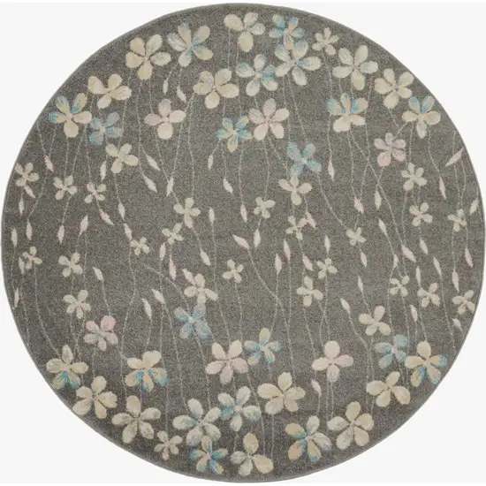 5' Beige And Gray Floral Round Rug Photo 1