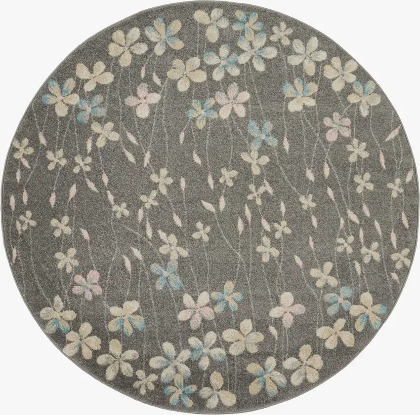 5' Beige And Gray Floral Round Rug Photo 1