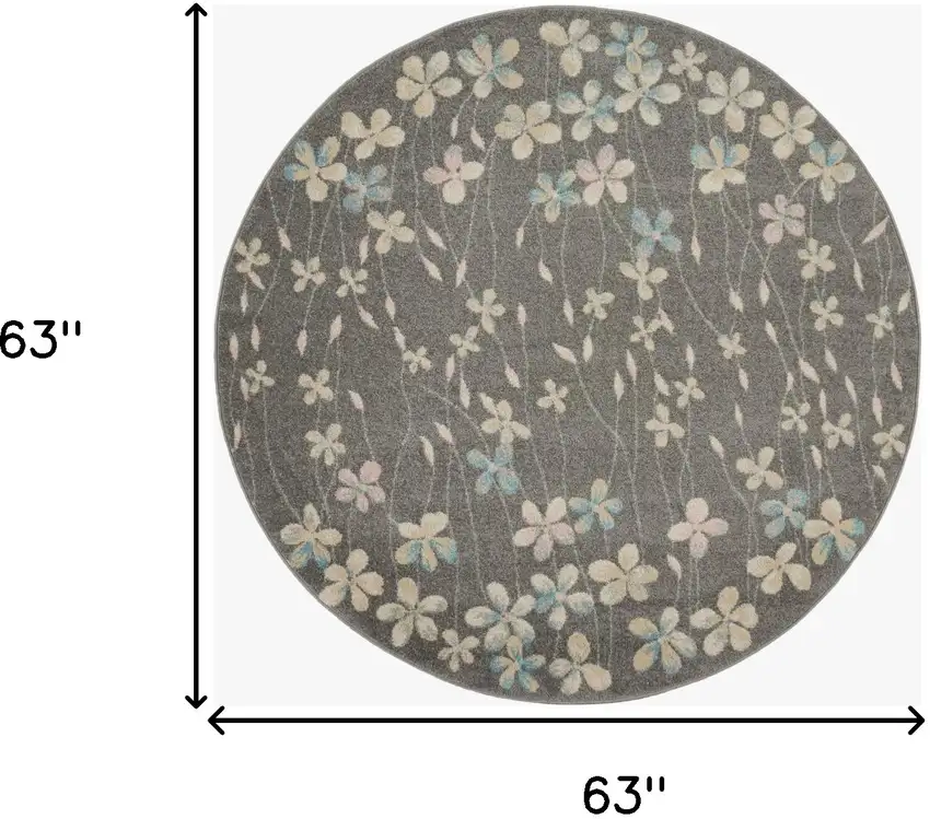 5' Beige And Gray Floral Round Rug Photo 3