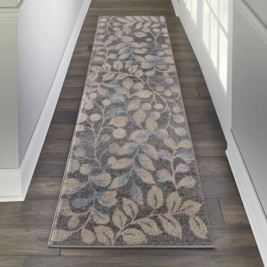 7' Beige And Gray Floral Vines Runner Rug Photo 4