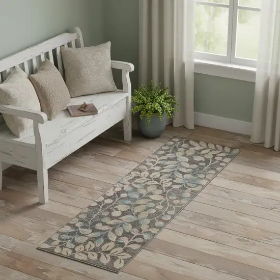 7' Beige And Gray Floral Vines Runner Rug Photo 1
