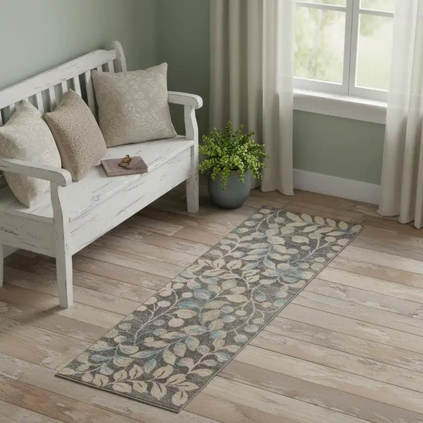 7' Beige And Gray Floral Vines Runner Rug Photo 1