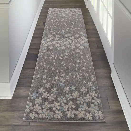7' Beige And Gray Floral Vines Runner Rug Photo 5