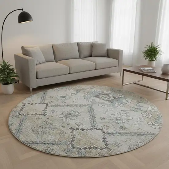8' Beige And Gray Floral Washable Round Rug With UV Protection Photo 2