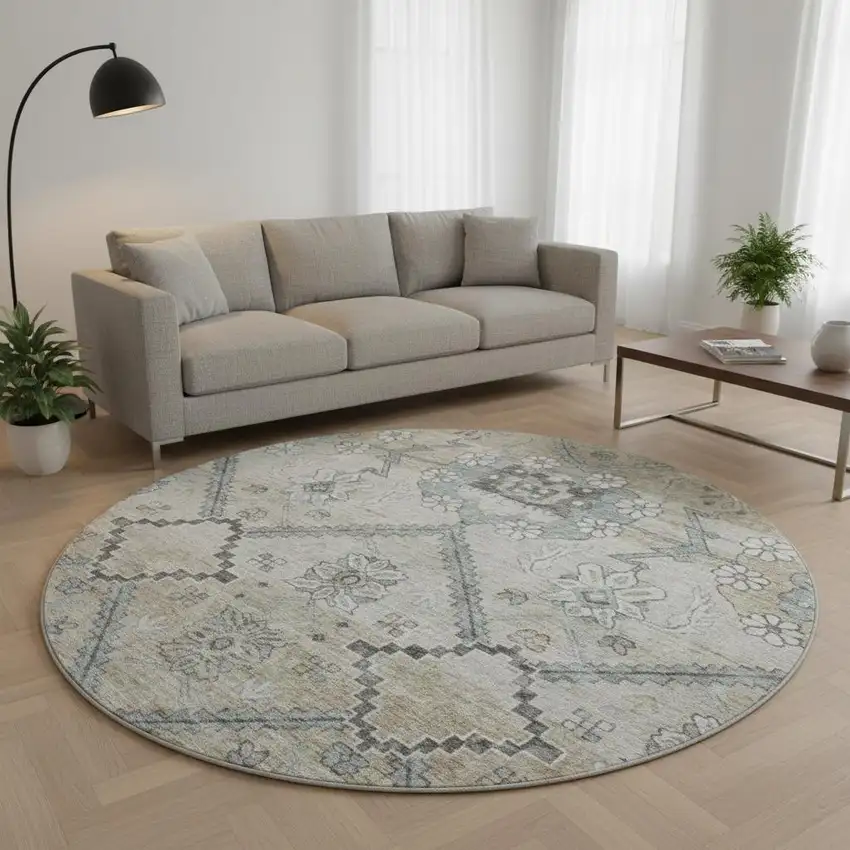 8' Beige And Gray Floral Washable Round Rug With UV Protection Photo 2