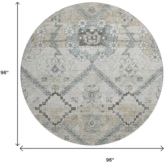 8' Beige And Gray Floral Washable Round Rug With UV Protection Photo 3