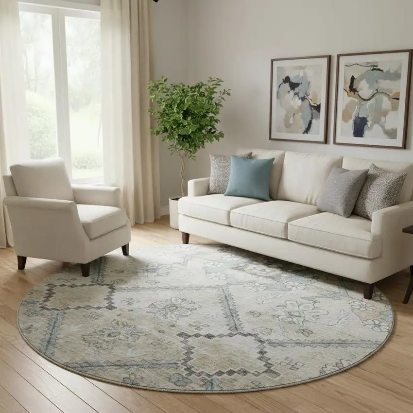8' Beige And Gray Floral Washable Round Rug With UV Protection Photo 1