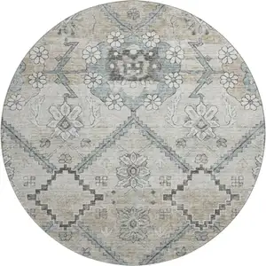 Photo of 8' Beige And Gray Floral Washable Round Rug With UV Protection