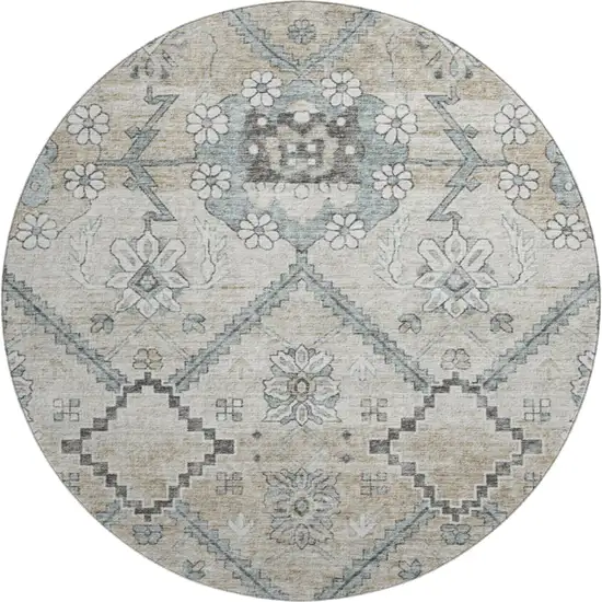 8' Beige And Gray Floral Washable Round Rug With UV Protection Photo 1