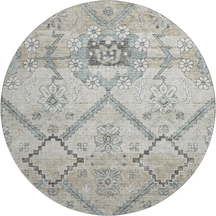 8' Beige And Gray Floral Washable Round Rug With UV Protection Photo 1