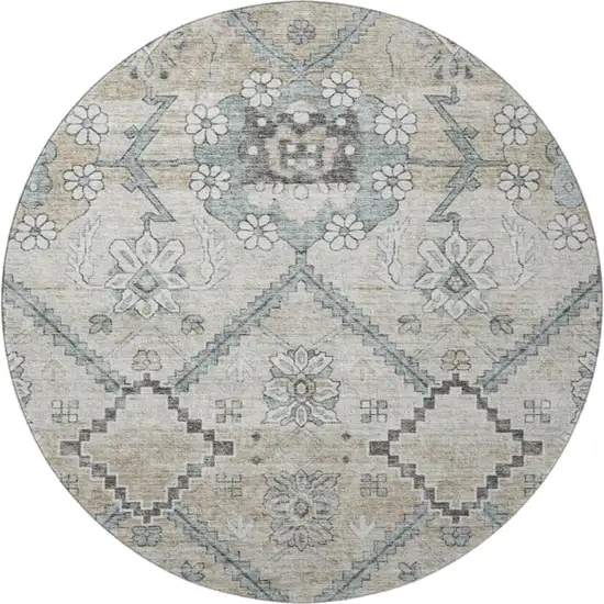 8' Beige And Gray Floral Washable Round Rug With UV Protection Photo 4