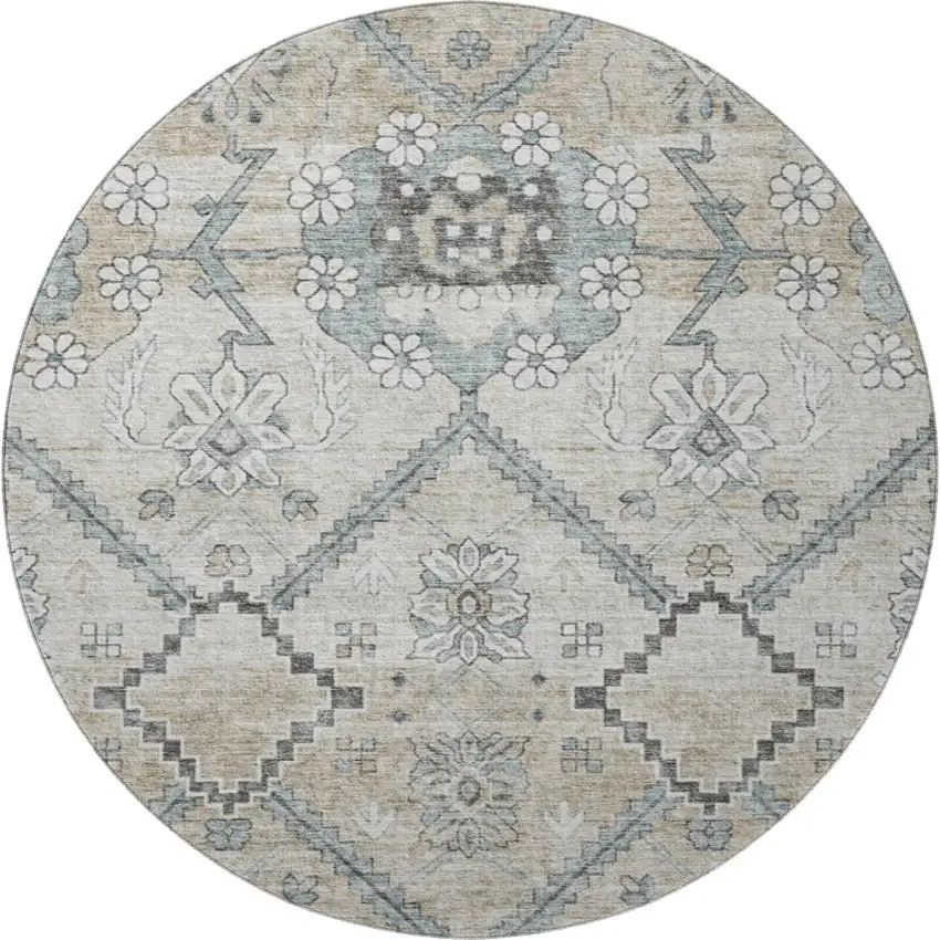 8' Beige And Gray Floral Washable Round Rug With UV Protection Photo 4