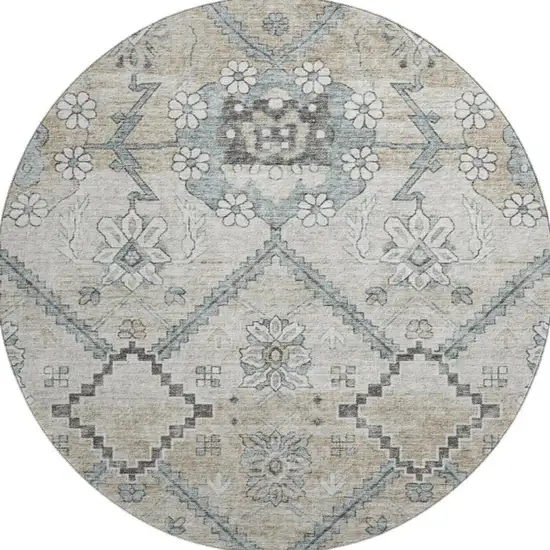 8' Beige And Gray Floral Washable Round Rug With UV Protection Photo 3