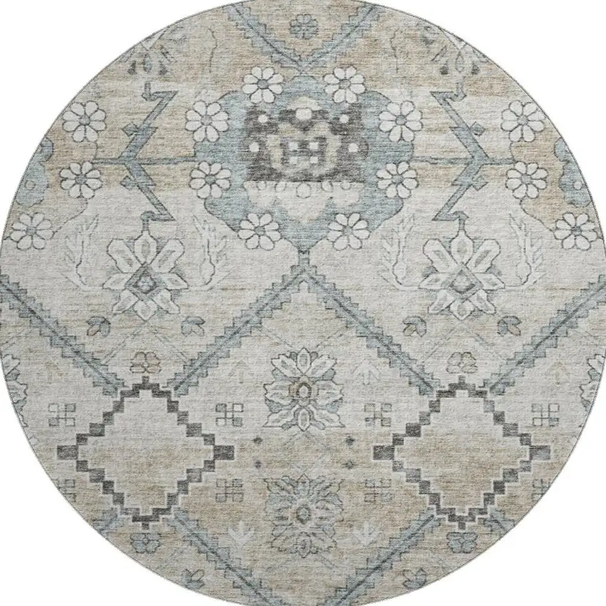 8' Beige And Gray Floral Washable Round Rug With UV Protection Photo 3