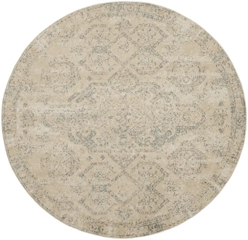 8' Beige And Gray Geometric Distressed Round Rug Photo 2
