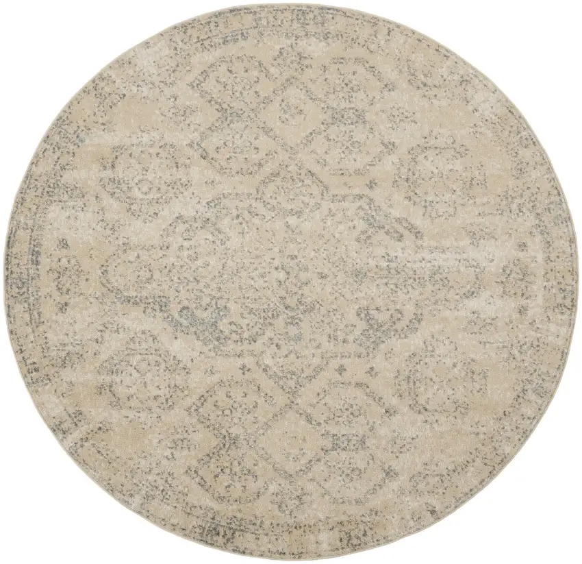 8' Beige And Gray Geometric Distressed Round Rug Photo 5