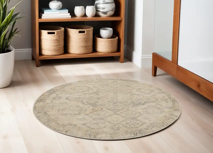 5' Beige And Gray Geometric Distressed Round Rug Photo 1