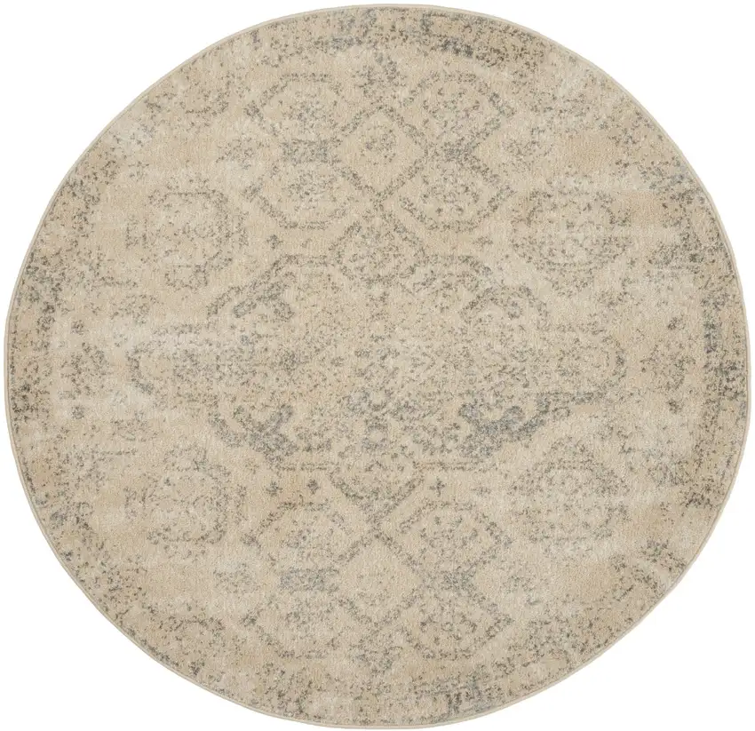 5' Beige And Gray Geometric Distressed Round Rug Photo 2