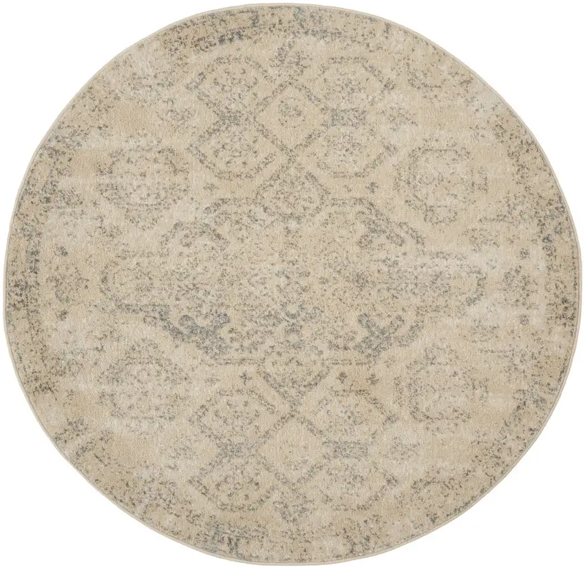 5' Beige And Gray Geometric Distressed Round Rug Photo 5