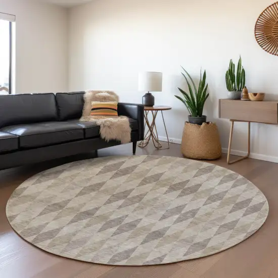 8' Beige And Gray Geometric Washable Round Rug With UV Protection Photo 5