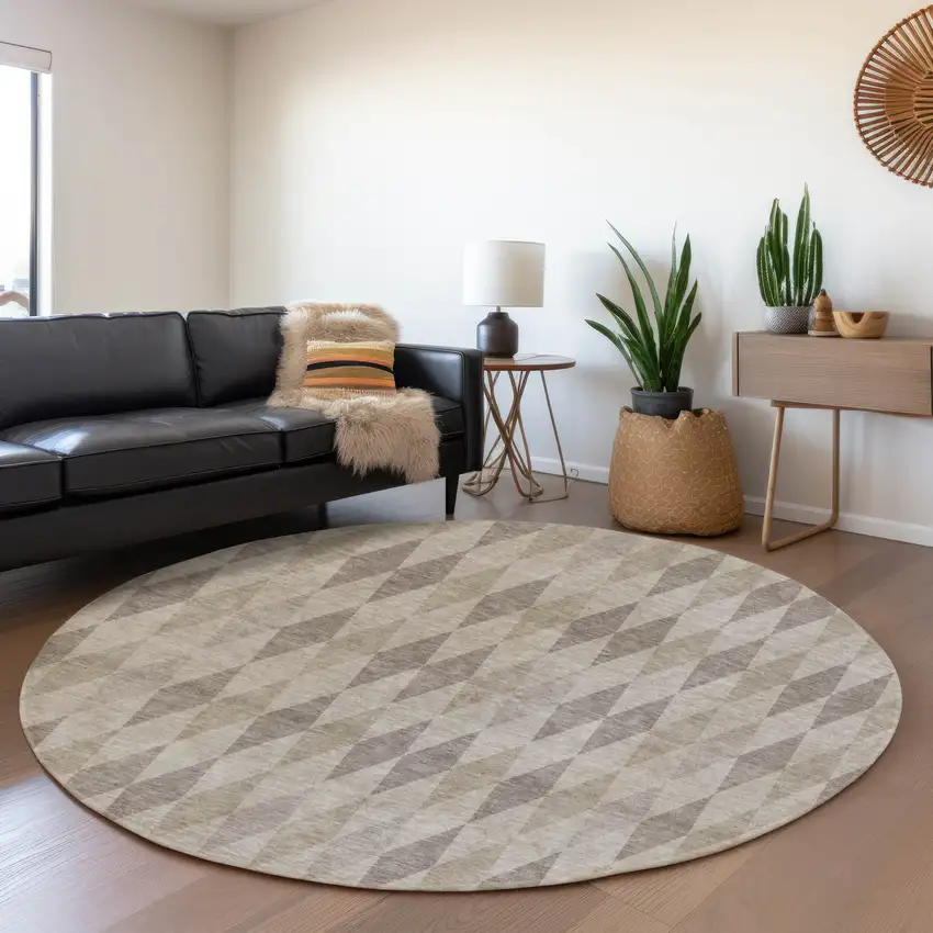 8' Beige And Gray Geometric Washable Round Rug With UV Protection Photo 5