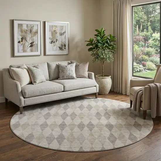 8' Beige And Gray Geometric Washable Round Rug With UV Protection Photo 1
